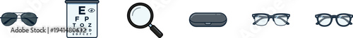 Flat vector icons of eyewear and optometry equipment