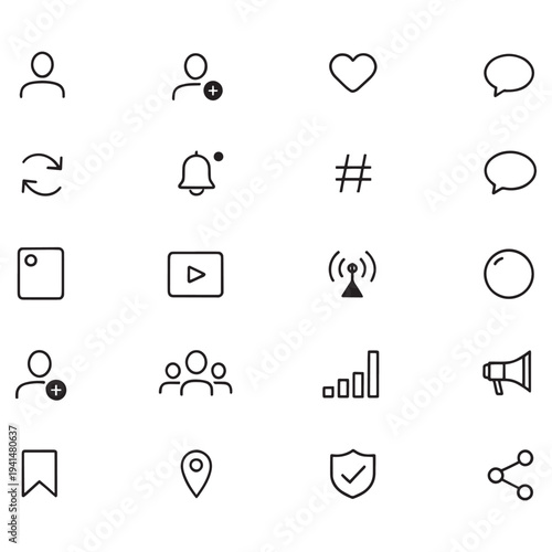 Social media icons for profile, engagement, and content sharing