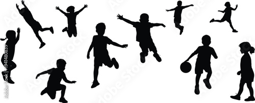 Children playing silhouette, kids activity vector, childhood fun illustration, outdoor play graphic, physical movement clipart, health development design icon
