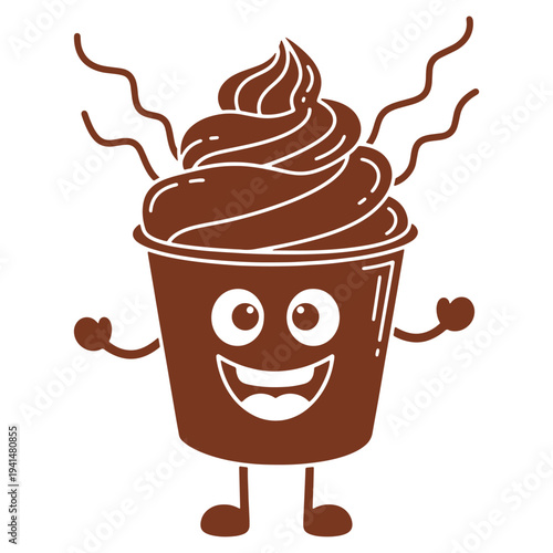 Happy Chocolate Ice Cream Cup Character with Whipped Topping  Fun Dessert Illustration