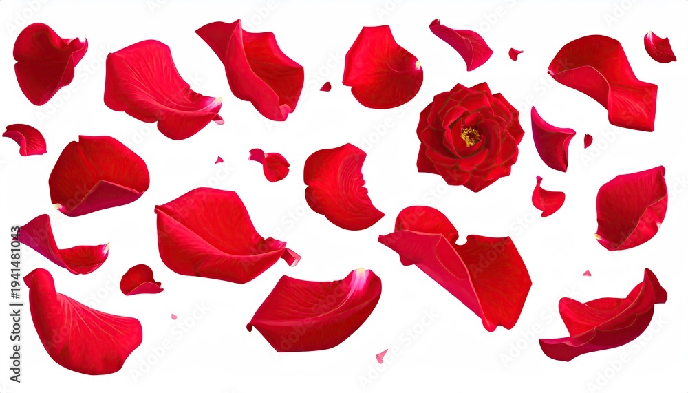 Fototapeta premium Vivid red rose petals scattered against a pristine white backdrop