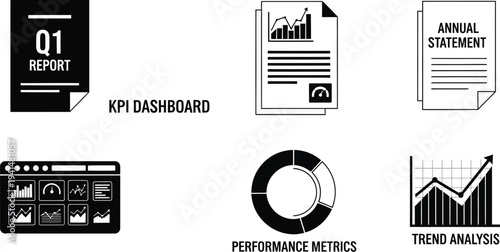 Various document icons represent essential business paperwork such as quarterly reports, annual statements, and KPI dashboards for performance review.