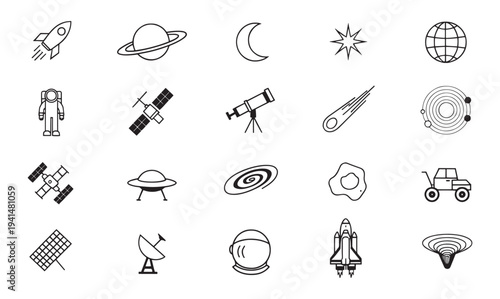 Space icons collection featuring planets, rockets, and astronauts