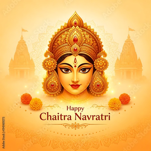 Hindu greeting artwork for Happy Chaitra Navratri with radiant goddess portrait, sacred crown detailing, subtle temple forms, floral accents