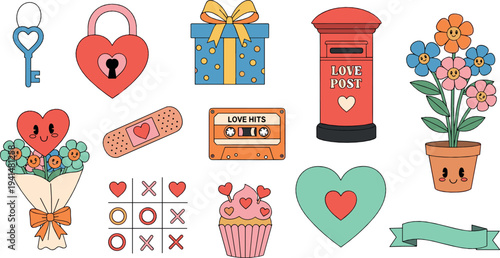 Cute Valentine Love Elements Collection with Heart Lock Gift Box Mailbox Flowers and Romantic Icons Cartoon Vector Illustration Set