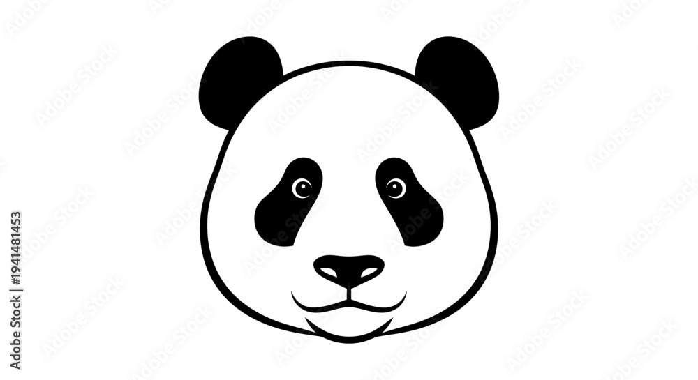 Fototapeta premium A simple black and white cartoon illustration of a panda bear's head with distinct features.