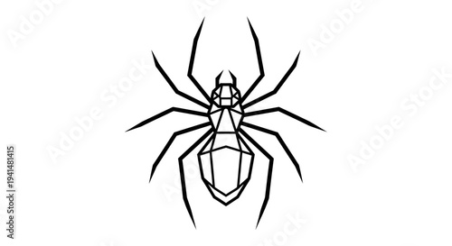 Geometric black and white line art illustration of a spider viewed from above with eight legs and segmented body.