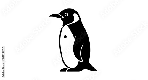 A simple black and white illustration of a standing penguin with a white belly and black back.