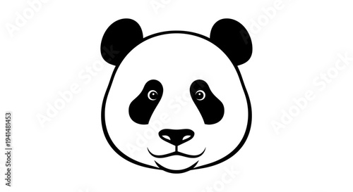 A simple black and white cartoon illustration of a panda bear's head with distinct features.
