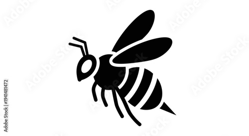 A simple black silhouette of a bee in flight, showcasing its striped body, wings, and antennae against a plain background.