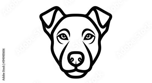 Black and white line art illustration of a dog's head looking directly forward, featuring its face, eyes, nose, and ears in a simple, stylized drawing.