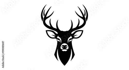 A striking black silhouette of a deer head with large antlers, depicted in a front-facing, stylized graphic design.