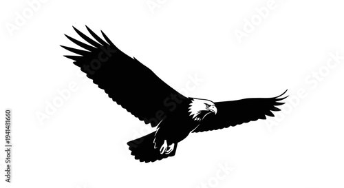Striking black and white graphic of a majestic bald eagle soaring with wings outstretched against a clean white background.