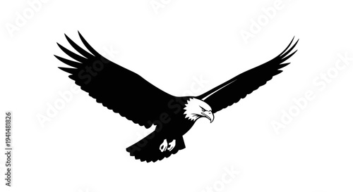 Striking black and white illustration of a majestic bald eagle soaring with its wings fully extended against a plain background.