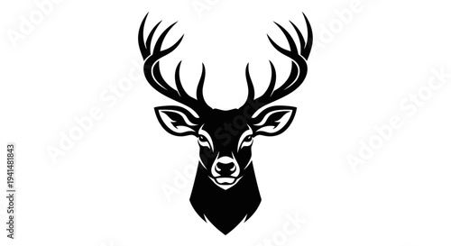 Black silhouette of a majestic deer head with large antlers, facing forward, isolated on a white background, vector illustration.