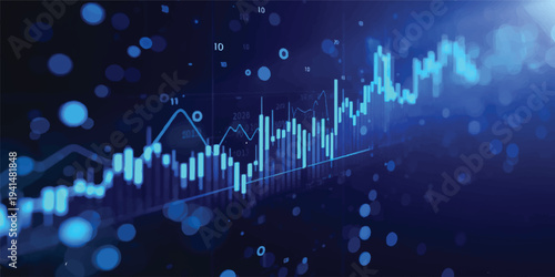 A digital vector illustration features a financial stock market growth chart integrated with a glowing audio equalizer soundwave over a futuristic city technology background