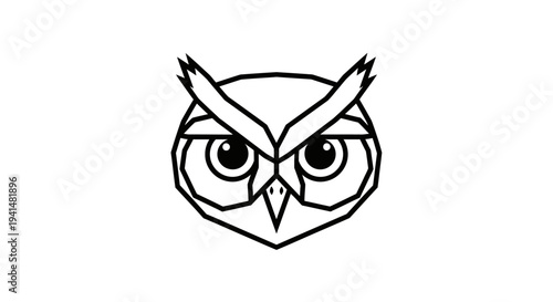 Geometric black and white line art illustration of an owl's head, featuring sharp angles and a minimalist design.