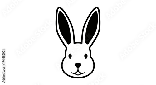 A simple black and white cartoon illustration of a rabbit's head with long ears, small eyes, and a cute nose and mouth.