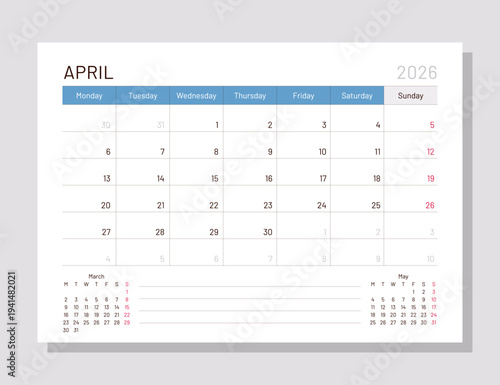 Calendar for April 2026 year. Week starts Monday. Planner calender layout. Timetable template. Desk monthly organizer. Table schedule grid. Corporate diary. Vector simple illustration. Paper size A5
