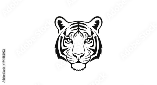 A striking black and white vector illustration of a tiger's head, featuring detailed stripes and a fierce expression.