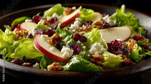 Mouth-watering food photography of a fresh green salad bursting with crisp apple slices, dried cranberries, walnuts, and fine feta cheese.