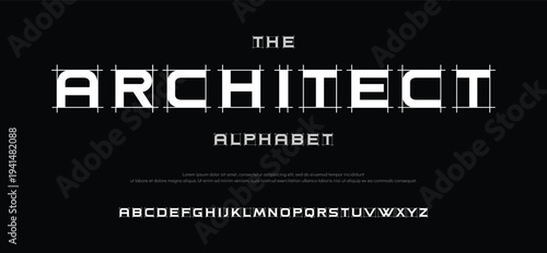 Architect project font, technical draw style alphabet. Geometrical typography. Wireframe letters, typographic design with draft strokes for architecture logo and headline. Isolated vector typeset 
