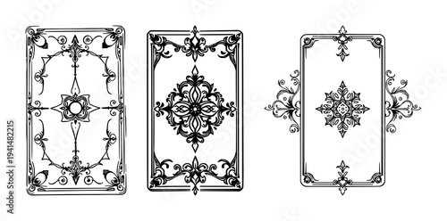 Tarot card back set with intricate black line art design featuring ornate, stylized, decorative card back, black illustration, white background with mystic and fantasy
