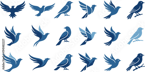 A diverse collection of stylized blue bird icons representing freedom nature and flight
