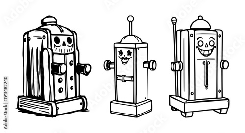 Jumping jack toy set with black line art illustration featuring vintage toy, retro play device, mechanical armature with simple style and outline
