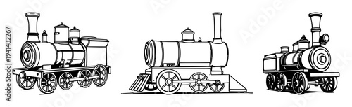 Antique toy steam engine set with black line art design featuring steam locomotive, toy train, industrial vintage with monochrome and silhouette