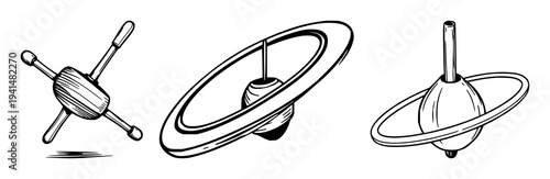 Wooden diabolo set with black line art illustration on white background featuring wooden toy, diabolo, spinning wheel with wood grain texture and minimalistic design