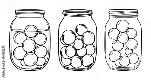 glass marbles set with black line art of marbles arranged in a jar on white background featuring glass, jewelry, decorative items with minimalism and illustration