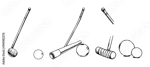 Croquet set with black line art antique mallet and ball featuring croquet, mallet, ball with line art and white background