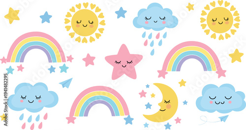 Cute Weather and Sky Cartoon Collection with Sun Rainbow Cloud Moon Star and Kawaii Vector Illustration Set