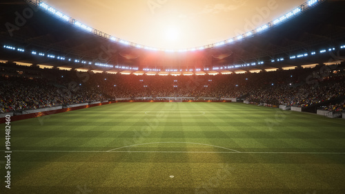 Vászonkép Packed Soccer Championship Stadium at Sunset, Green Field Pith and Roaring Crowd