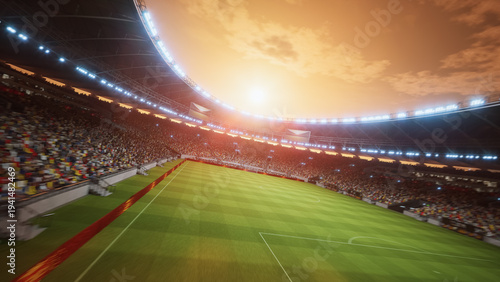 Sunset Drone Flight Circles Soccer Stadium During Major Event. Aerial Orbital Cinematic Flyover. Football Tournament, Cup Broadcast. Sport Channel Network Television Playback, Screen Content