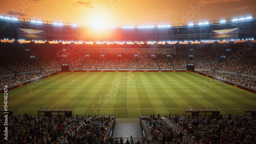 Konstfotografi Packed Soccer Championship Stadium at Sunset, Green Field Pith and Roaring Crowd