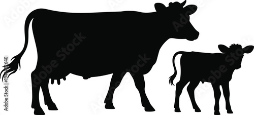 Black silhouette illustration of a mother cow and her young calf standing together isolated on white background for farm agriculture and livestock nature design