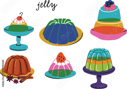 A delightful collection of vibrant colorful jelly desserts in various molds and elegant serving dishes