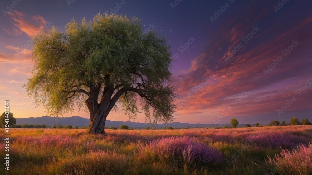 Fototapeta premium Majestic tree standing alone in a vibrant lavender field at sunset, with colorful clouds in the background
