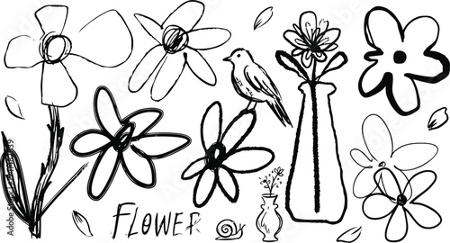 A delightful assortment of hand drawn whimsical flowers a bird and a snail offers unique doodle art