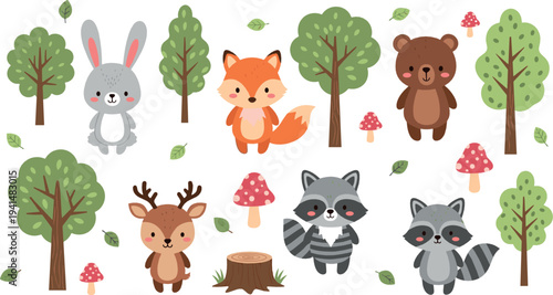 Cute woodland animals vector set with fox, bear, rabbit, raccoon and deer in forest trees and mushrooms cartoon illustration