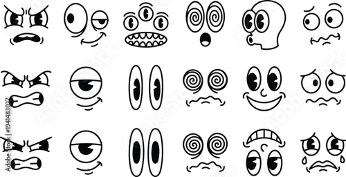 A playful collection of classic retro cartoon character facial expressions and emotions for animation