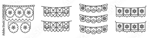 Outlined image of traditional Mexican papel picado banners with varying designs