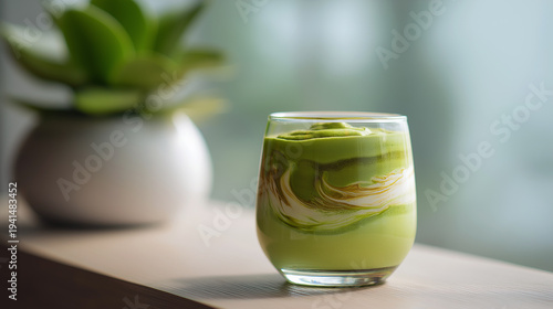 Wallpaper Mural Matcha Swirl Imagery. Green Marbled Layered Beverage Scene. Home Barista Setting Showcasing Textured Creamy Matcha. Vibrant Layered Matcha Drink With Blurred Plant Background And Gentle Lighting Torontodigital.ca