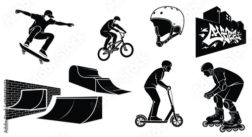 Extreme sports elements including skateboarding biking and skating a black silhouette