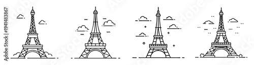 Four uniquely stylized Eiffel Towers stand in a row in black and white