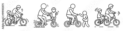 Four stick figure depictions of parents teaching children to ride bikes