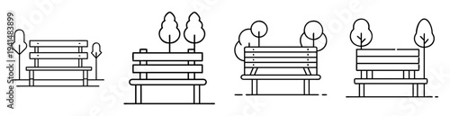 Variety of minimalist park benches with trees in a simple line art style