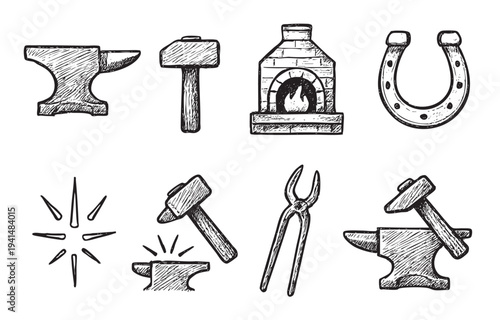 A hand-drawn illustration of blacksmith tools and equipment, including an anvil, hammer, furnace, and horseshoe, ideal for representing craftsmanship and blacksmithing.
